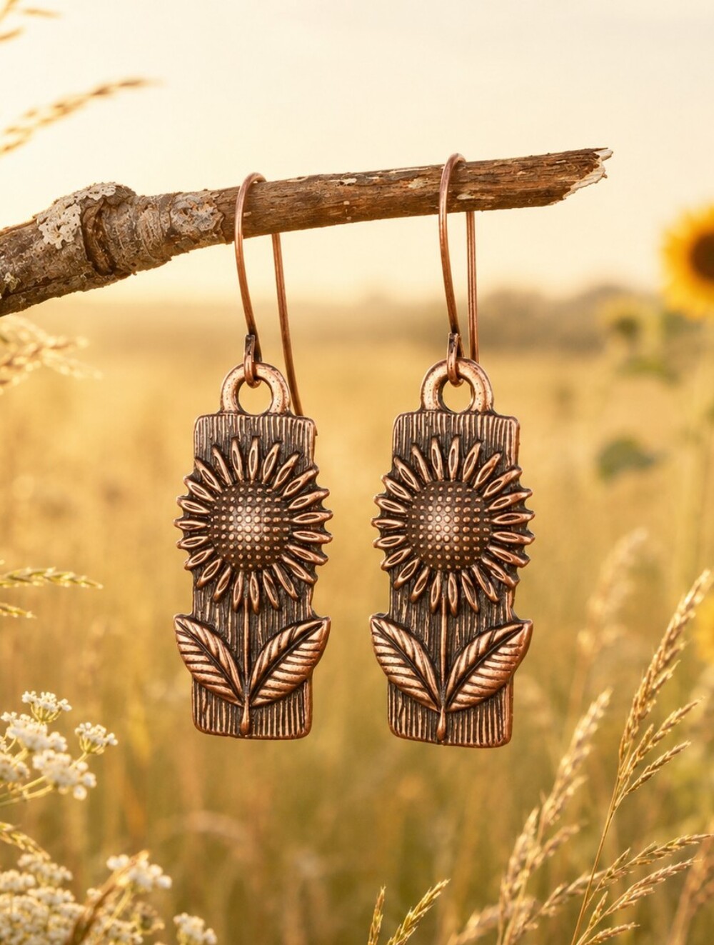 Copper Sunflower Earrings Rustic Artisan Floral Dangle Jewelry Hand Crafted